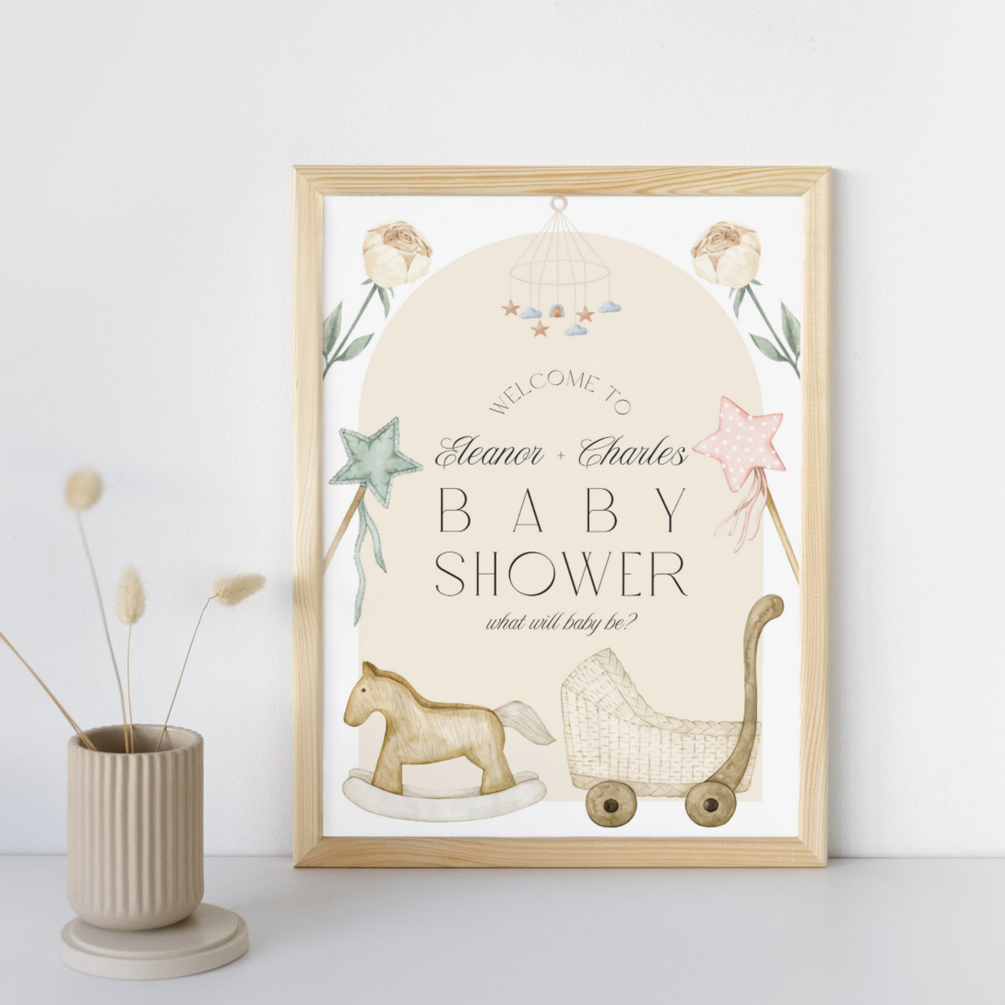 A Vintage Celebration for Baby-to-be | Neutral Gender Reveal | What will baby be? | He or She | Baby Shower Invitation