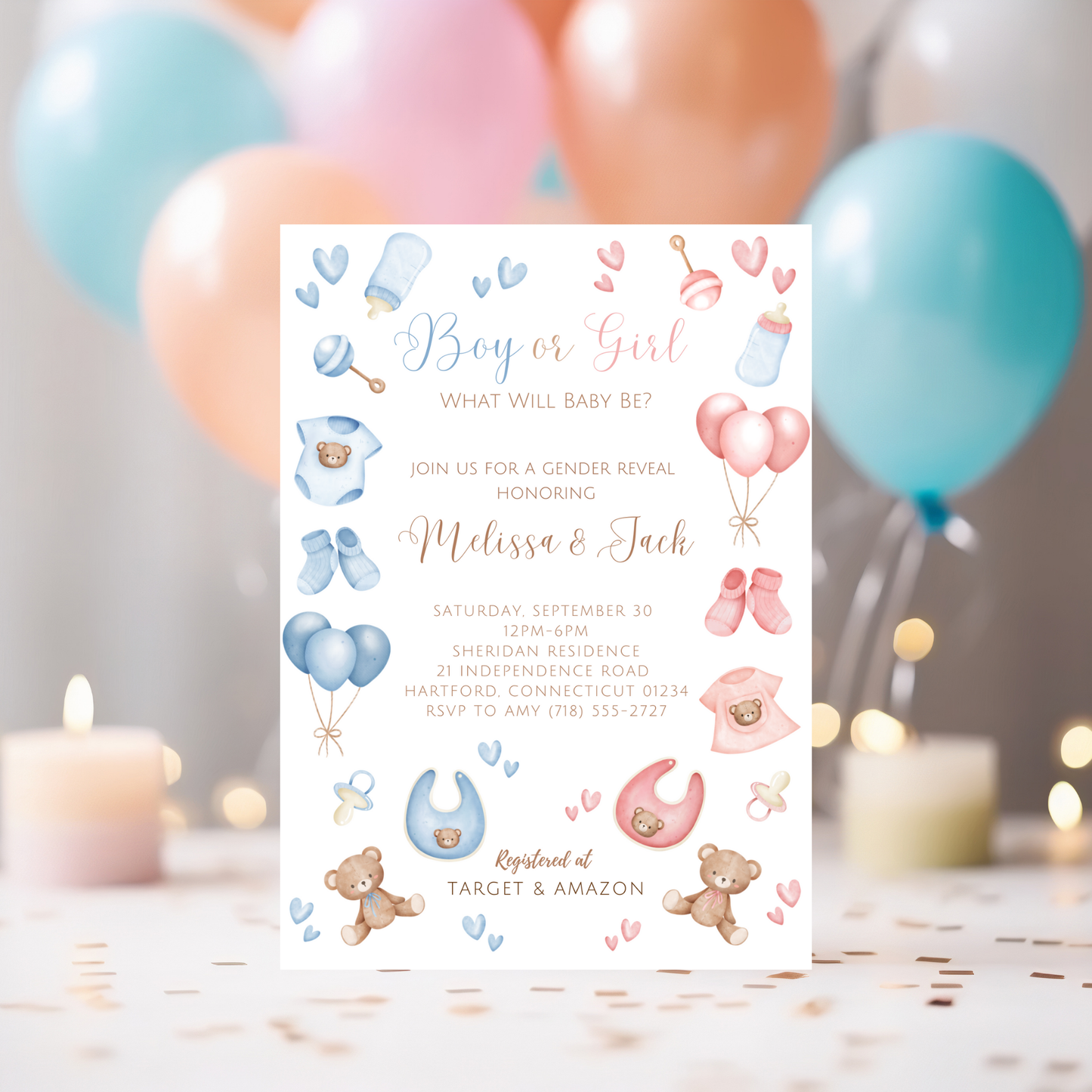 Classic Blue & Pink Gender Reveal Invitation
