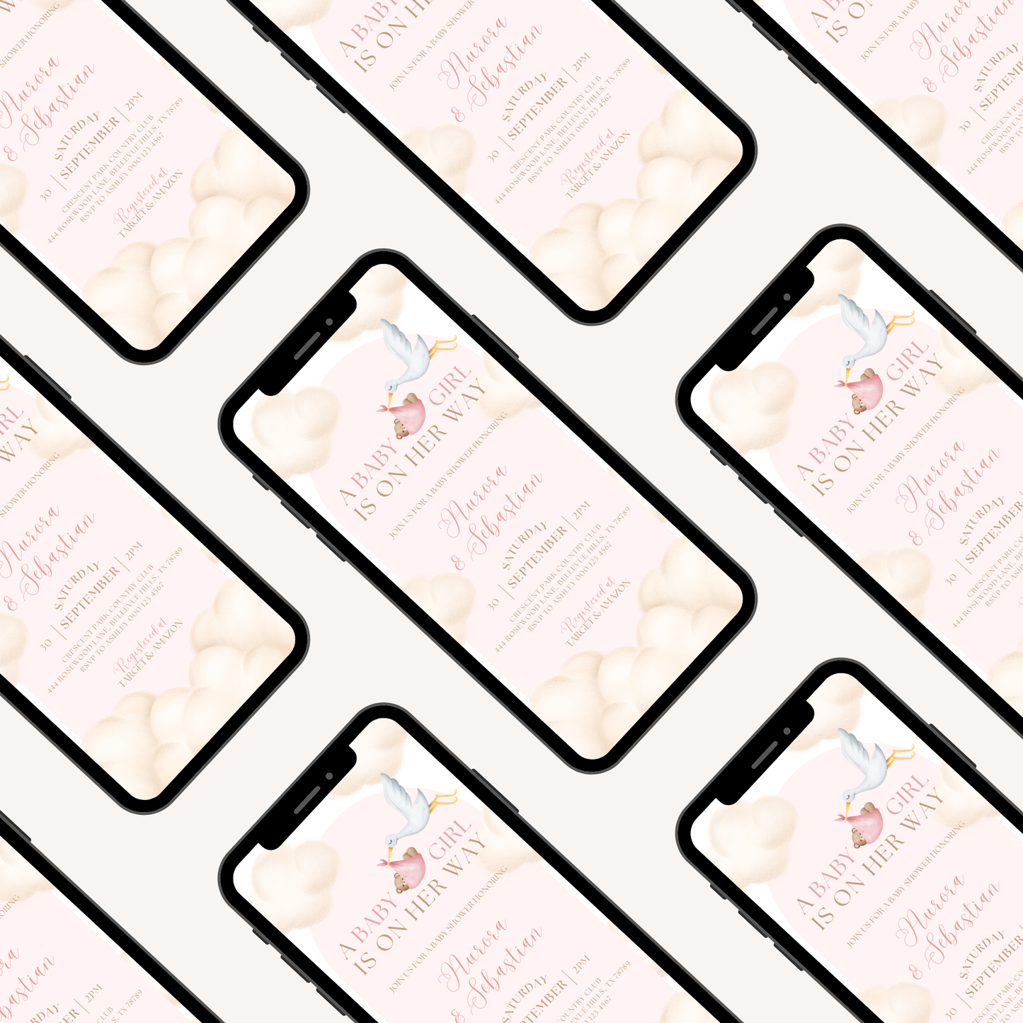 Celebrating Under the Clouds | A Baby Girl is on Her Way | Pink | Cloud Theme Baby Shower Invitation