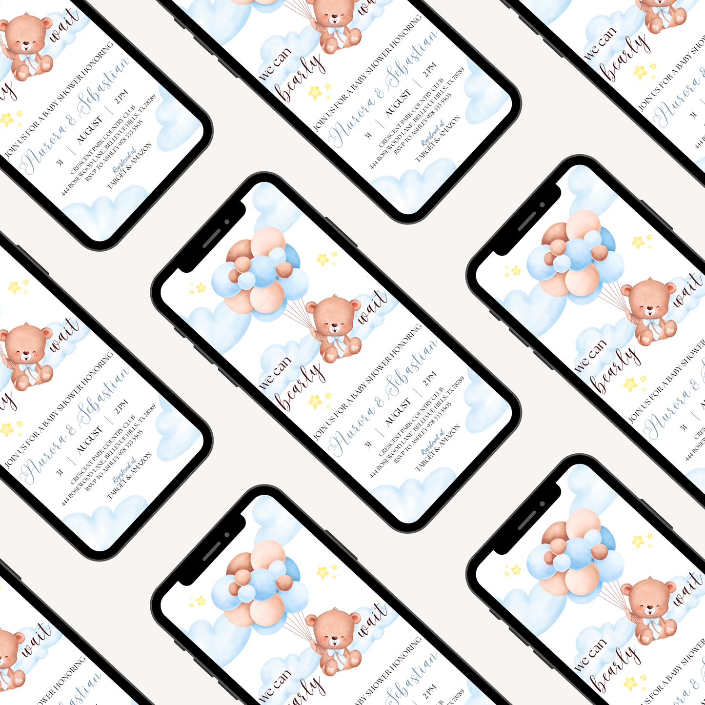 We Can Bear-ly Wait Baby | Baby Shower Invitation | Bear in the Clouds Theme | Blue