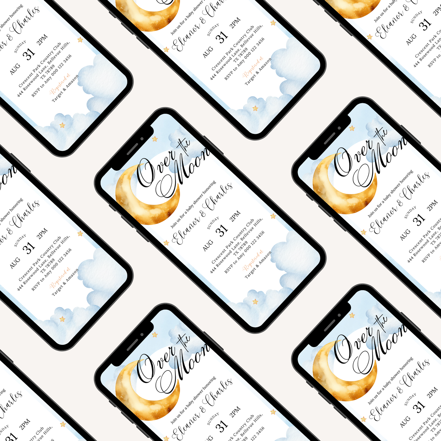 Over the Moon Baby Shower Invitation | Moon and Stars Celestial theme | Whimsical Night Sky | Starry Nights