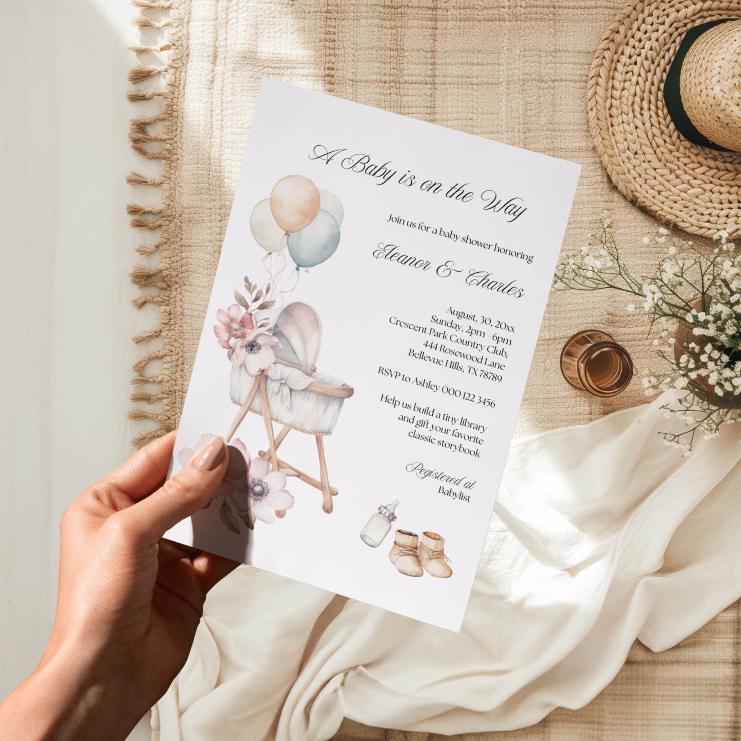 Bassinet Dreams Baby Shower Invitation | Neutral Gender Reveal | Vintage Newborn Baby | Spring Baby Shower Theme