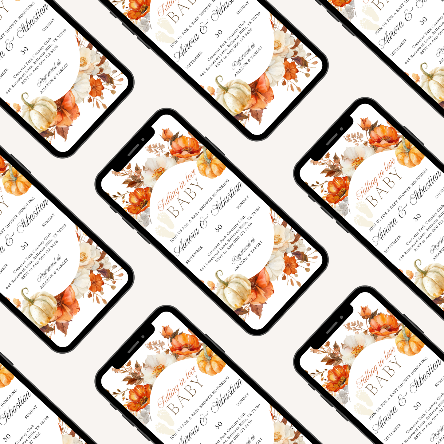 Falling in love Baby | Rustic Neutral Theme | Fall Flowers and Pumpkin | Autumn Baby Shower Invitation