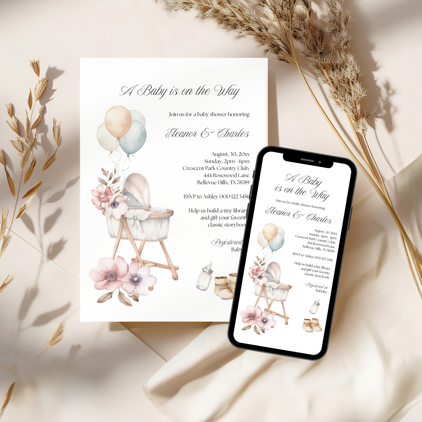 Bassinet Dreams Baby Shower Invitation | Neutral Gender Reveal | Vintage Newborn Baby | Spring Baby Shower Theme