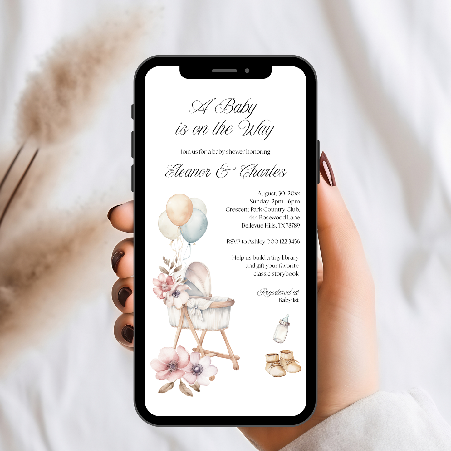 Bassinet Dreams Baby Shower Invitation | Neutral Gender Reveal | Vintage Newborn Baby | Spring Baby Shower Theme