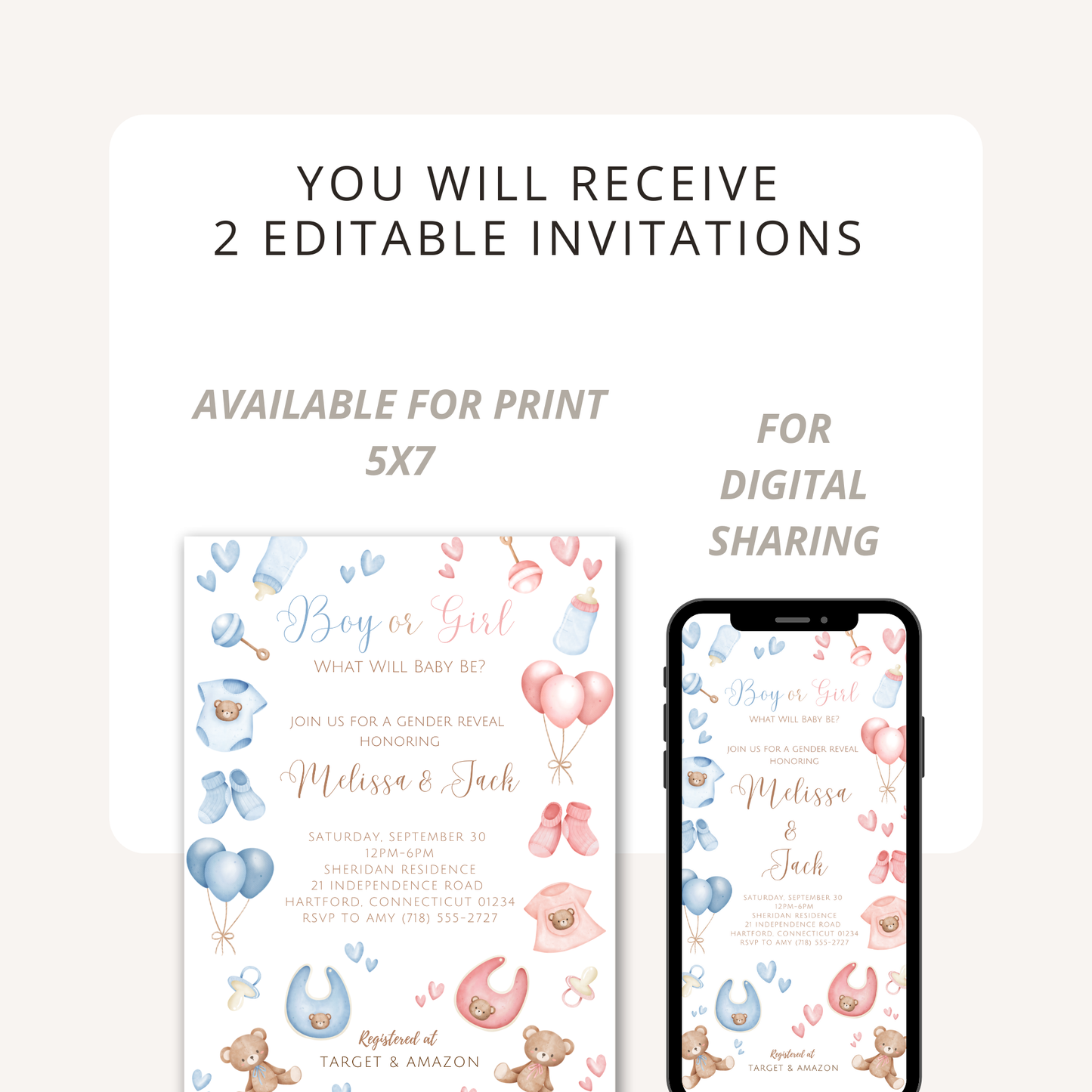 Classic Blue & Pink Gender Reveal Invitation